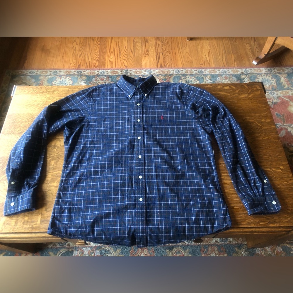 Ralph Lauren XL Navy & White Windowpane Tartan Button-Down Cotton Shirt